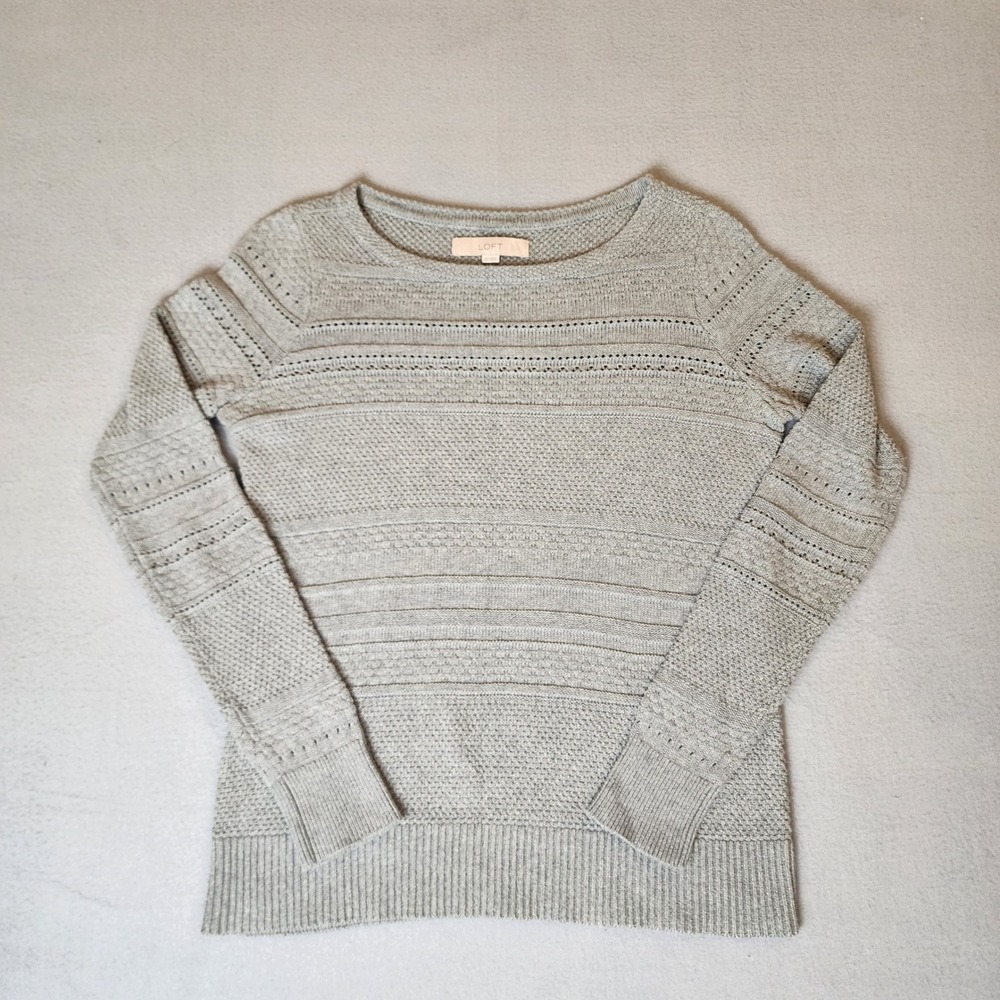 Ann Taylor LOFT Gray Cotton Pointelle Knit Striped Sweater Womens XS Long Sleeve
